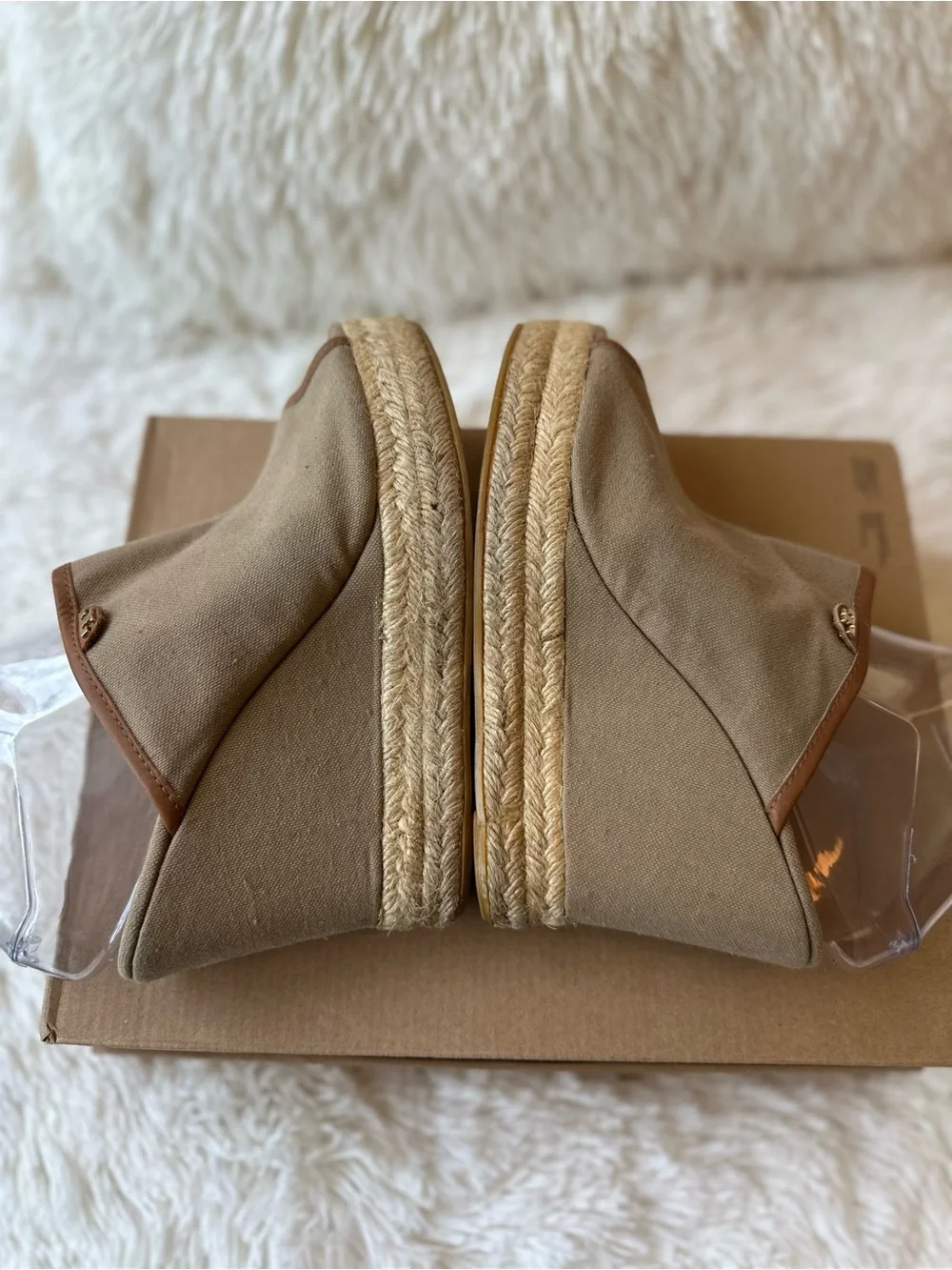Tory Burch Agatha Canvas Espadrille Wedge Mule Sandals Tan Size 9.5 Peep Toe